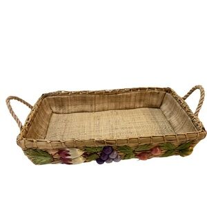 Vtg Boho Hand Woven Basket Straw Wicker Fruit Casserole Carrier Lined, Handles